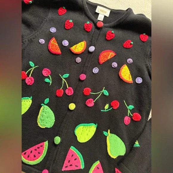 Vintage Rare Talbots Cardigan with Whimsical Fruit Embroidery Playful Buttons - Picture 4 of 7